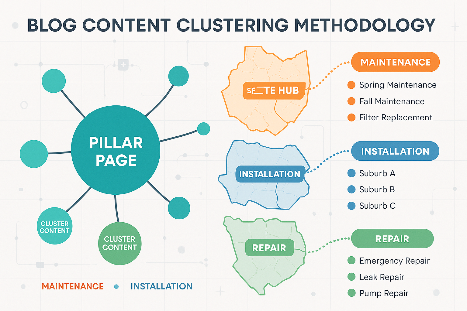 Detailed infographic showing blog content clustering methodology with interconnected nodes representing pillar pages and cluster content, ge
