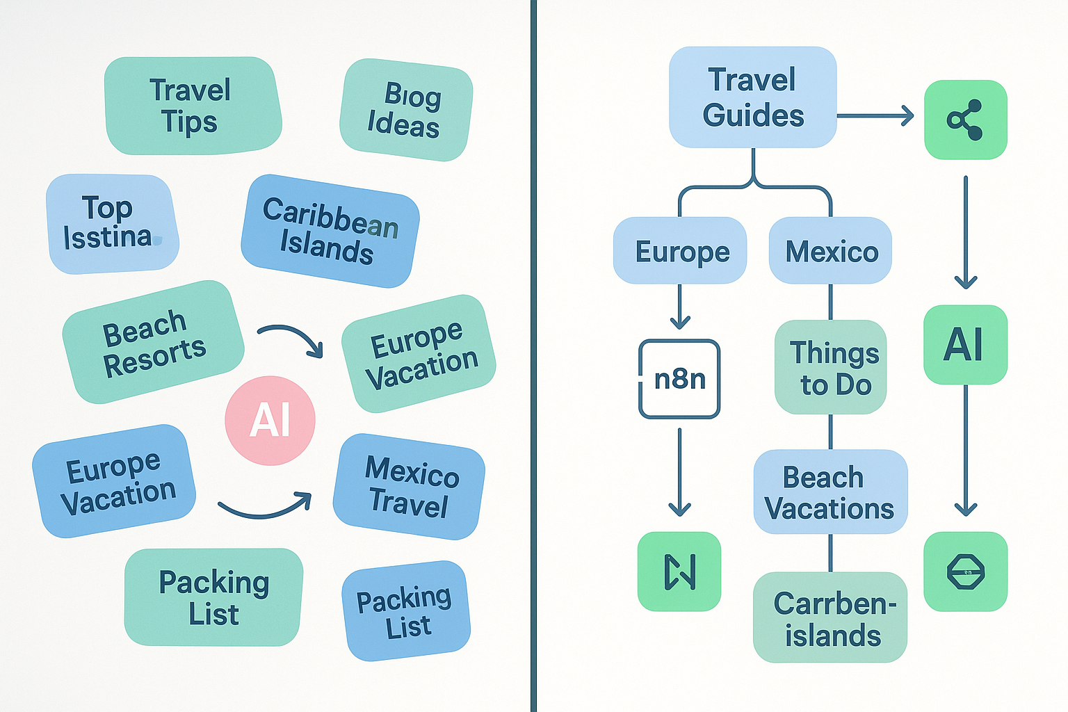 Split-screen visualization showing before and after of automated content workflow, left side displays chaotic unorganized blog ideas scatter