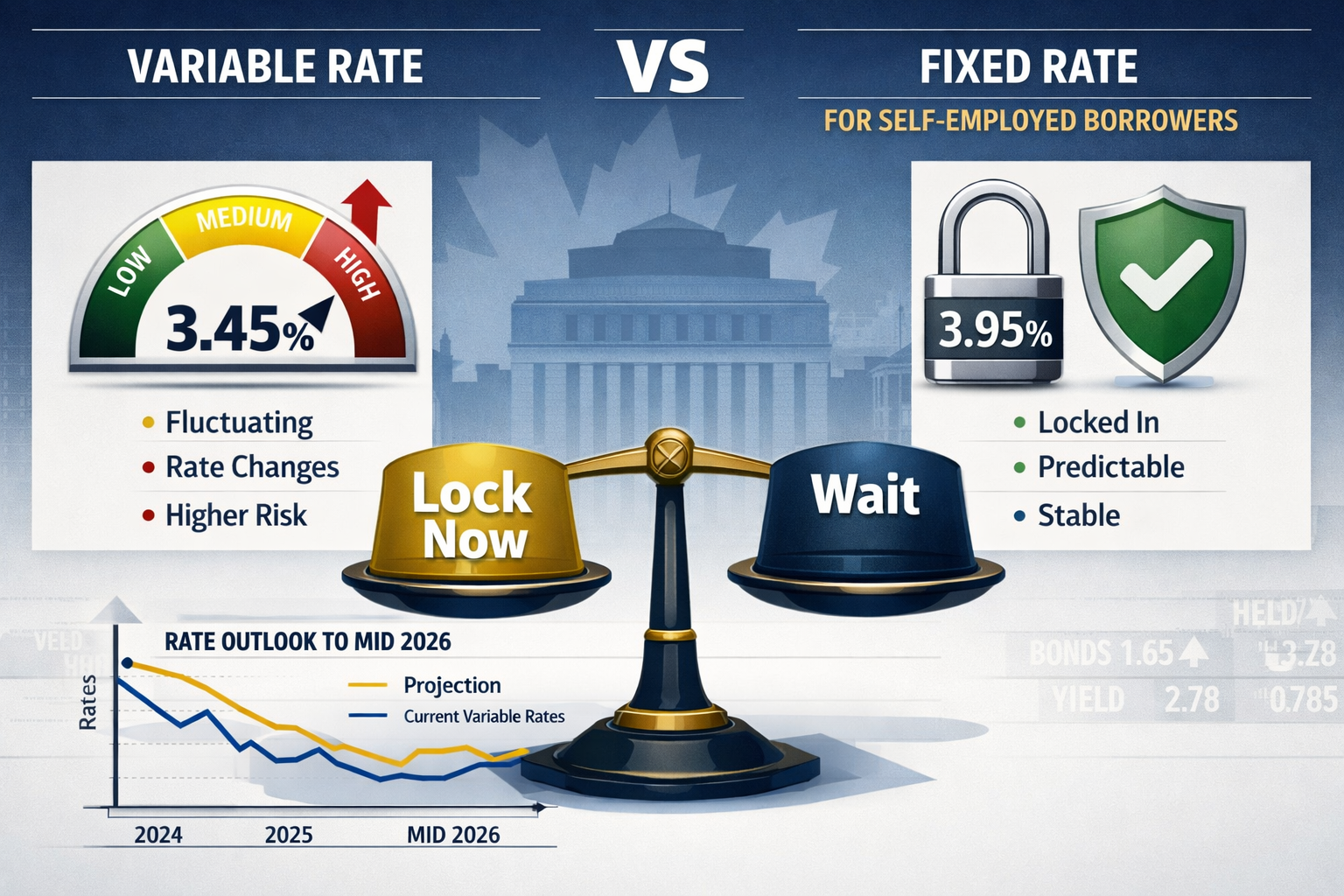 () editorial image showing detailed comparison infographic of variable versus fixed mortgage rates for self-employed