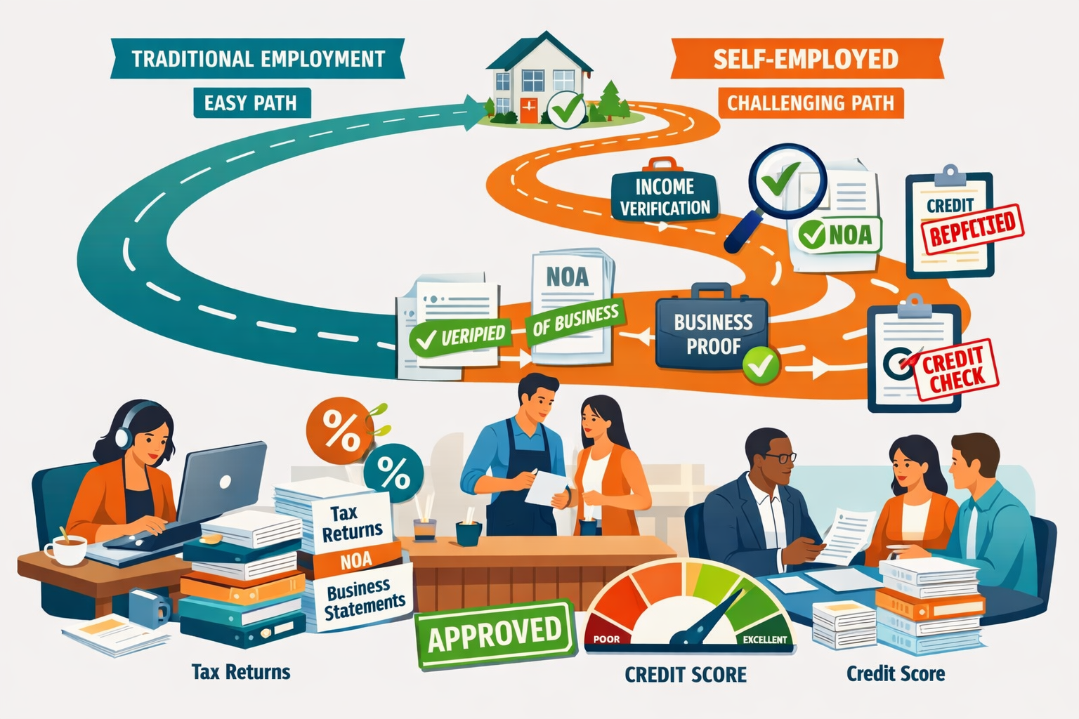 () detailed illustration showing self-employed mortgage qualification journey with unique challenges. Foreground features