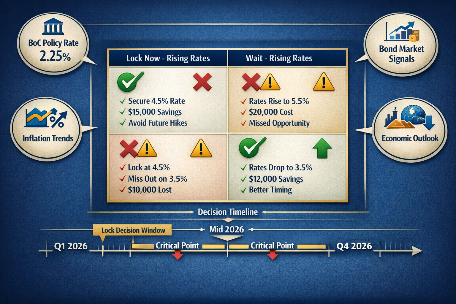 () strategic decision matrix visualization for rate lock timing. Center features large 2x2 grid with four quadrants labeled