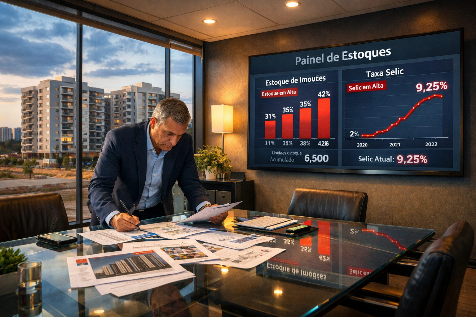 Wide-angle ground-level photograph of a Brazilian real estate sales office interior with large floor-to-ceiling windows