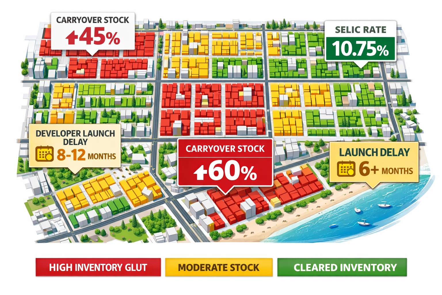 Overhead bird's-eye infographic illustration showing a Brazilian city grid with color-coded residential blocks: dark red