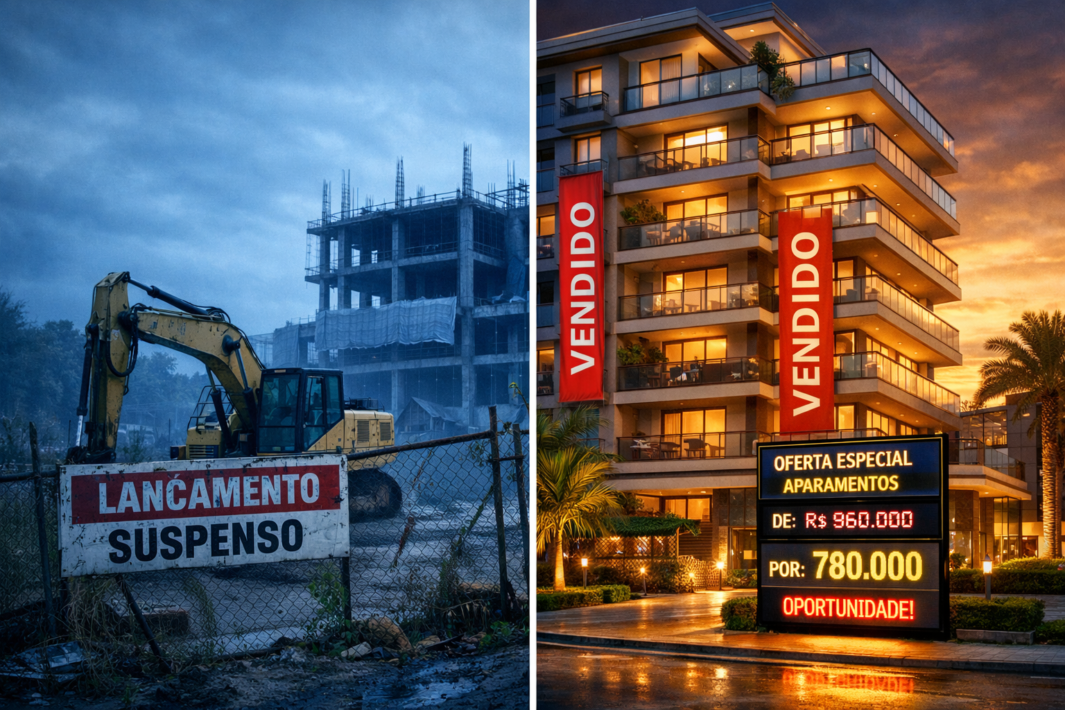 Split-scene landscape image: left half shows a construction site completely halted with idle machinery, overgrown fencing,