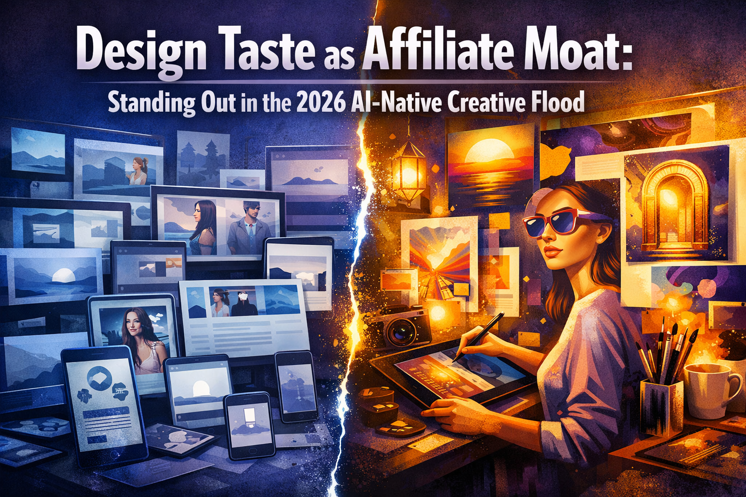 Professional landscape format (1536x1024) hero image featuring bold text overlay 'Design Taste as Affiliate Moat: Standing Out in the 2026 A