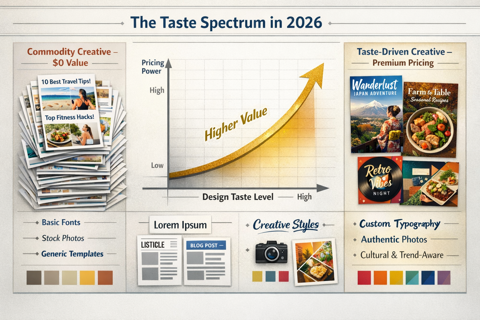 Landscape format (1536x1024) editorial illustration showing a visual comparison chart titled 'The Taste Spectrum in 2026'. Left column displ