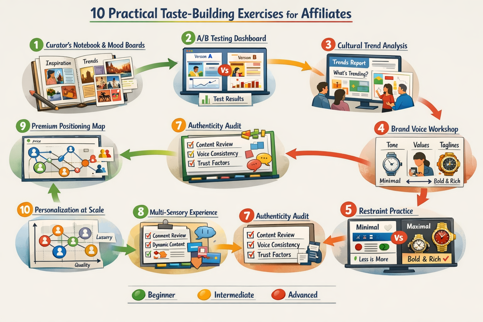 Landscape format (1536x1024) detailed visual workflow diagram titled '10 Practical Taste-Building Exercises for Affiliates'. Shows circular