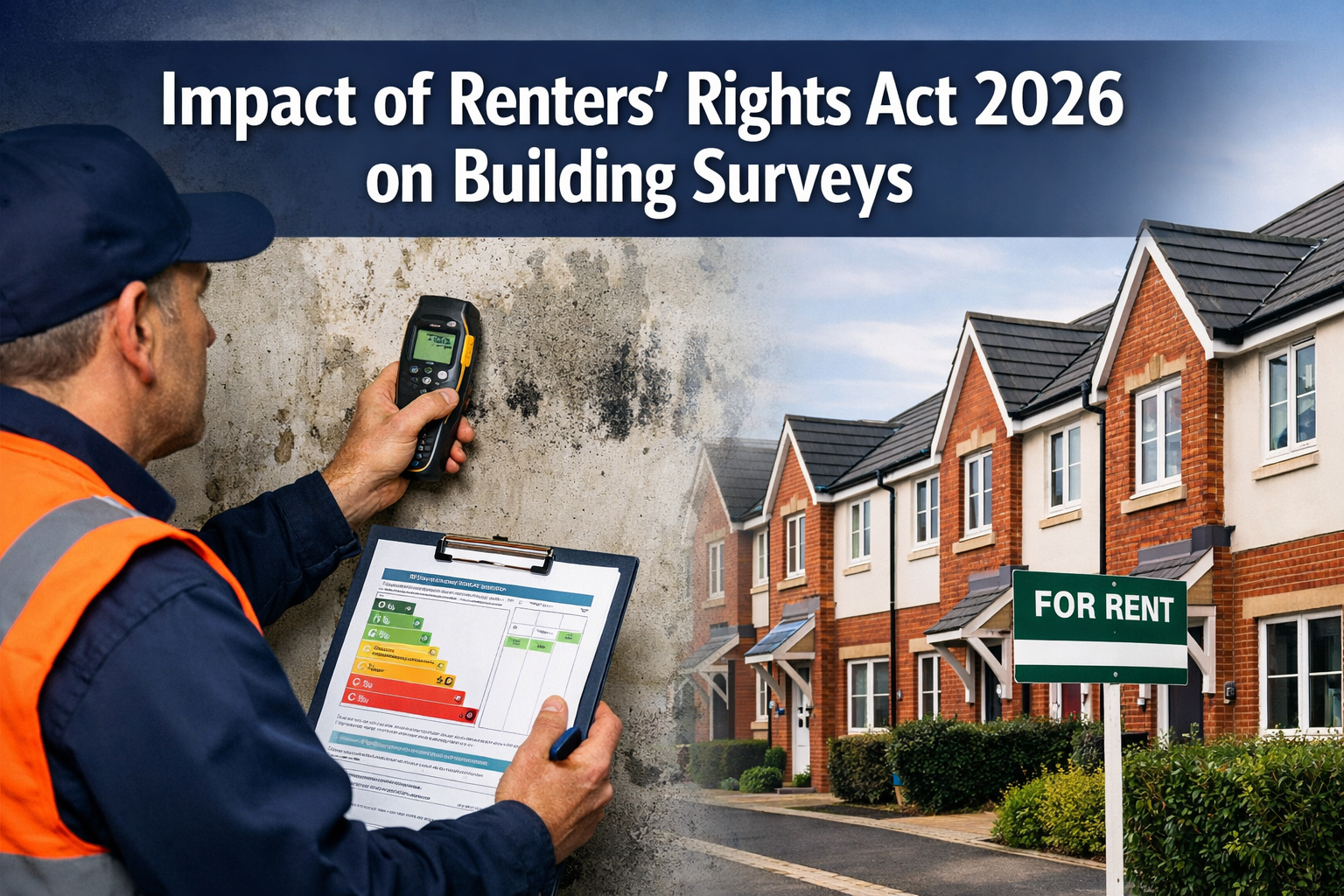 Professional () hero image featuring 'Impact of Renters' Rights Act 2026 on Building Surveys' in extra large white with dark