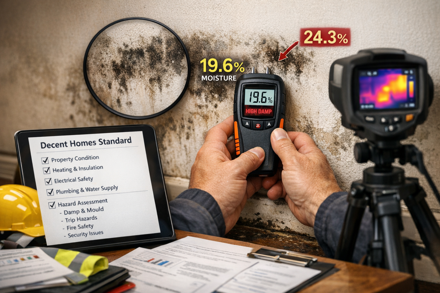 Detailed () image showing close-up of building surveyor's hands holding digital moisture meter against wall with visible
