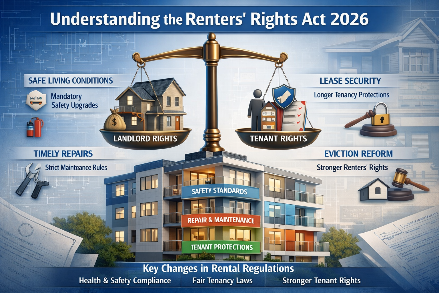 Conceptual editorial illustration depicting the 'Understanding the Renters' Rights Act 2026' section, featuring a balanced