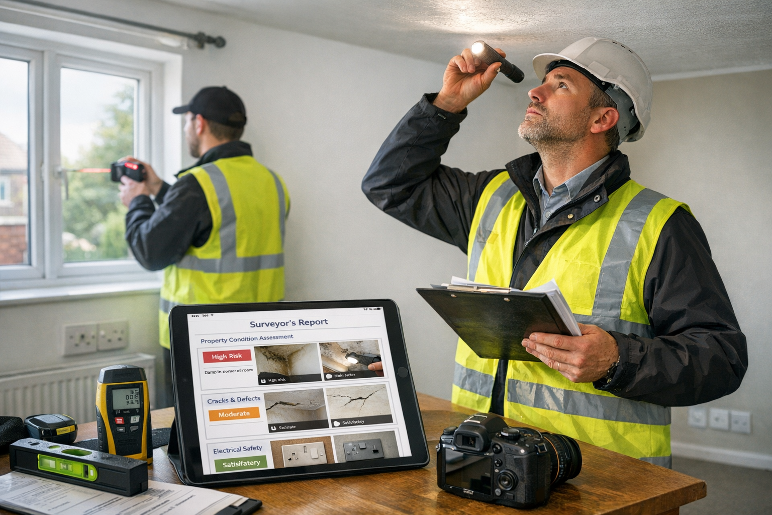 Detailed () image showing professional building surveyor conducting comprehensive property inspection in UK rental property