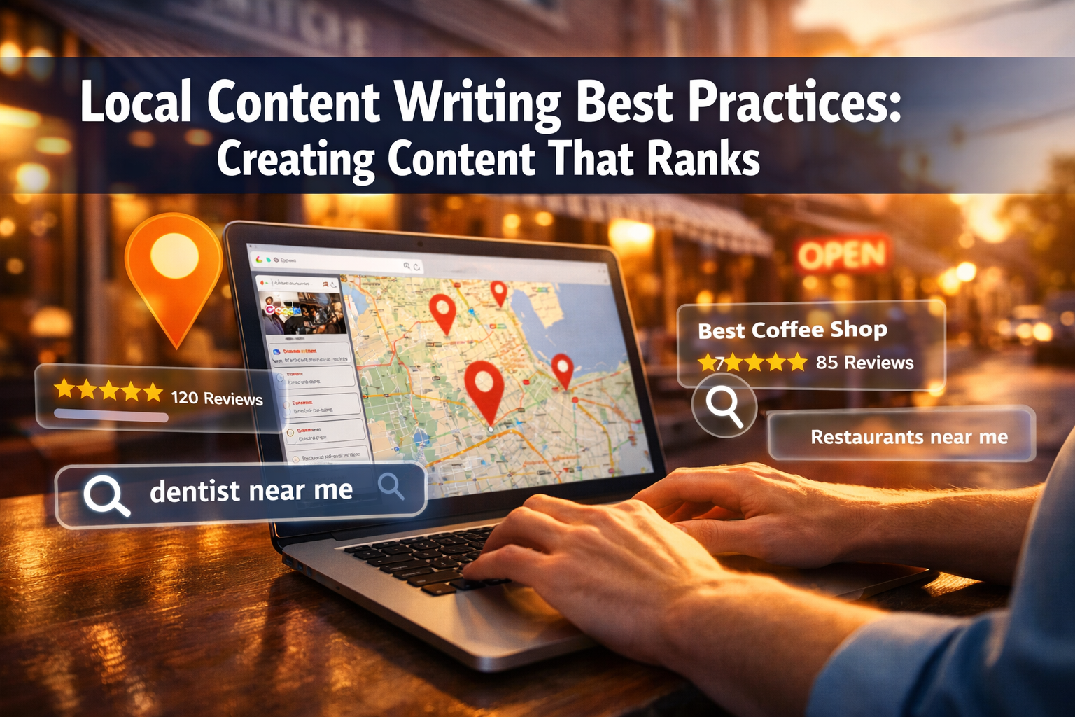Professional landscape hero image (1536x1024) featuring bold text overlay 'Local Content Writing Best Practices: Creating Content That Ranks'