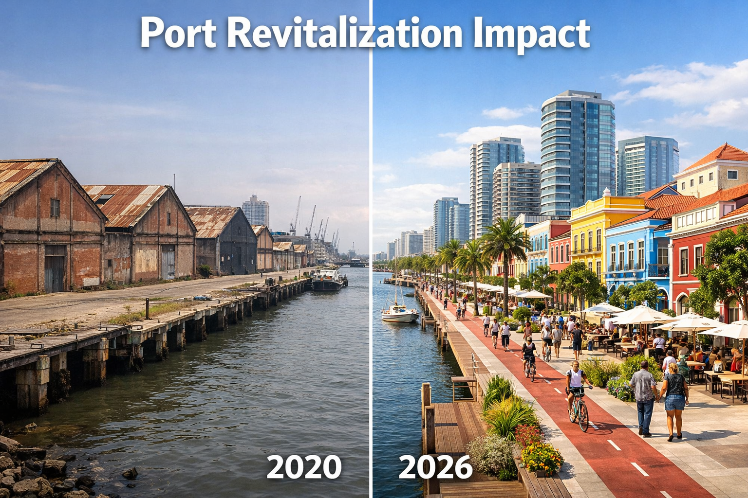 Detailed () image showing Recife's historic port district transformation with split-screen comparison: left side shows old