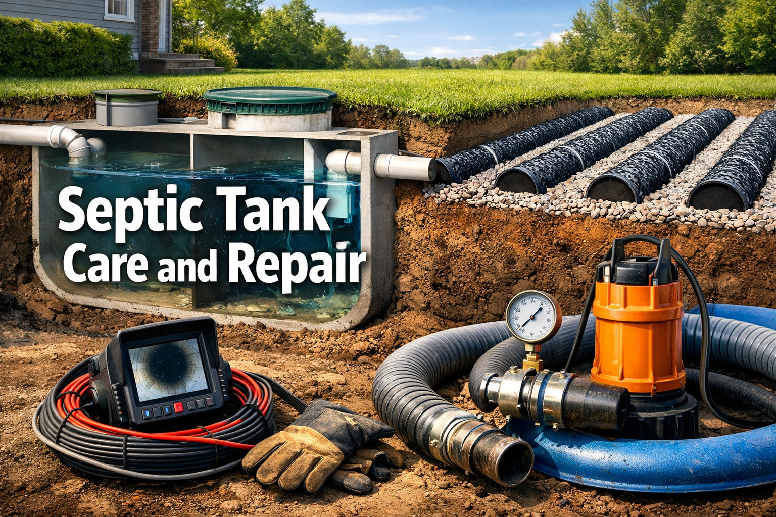 Professional () hero image with 'Septic Tank Care and Repair' in extra large white with dark , positioned center-left.