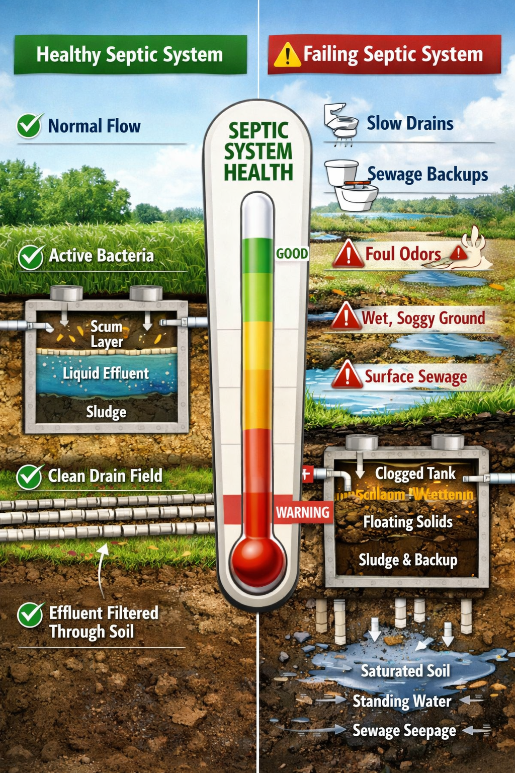 () diagnostic illustration showing split-screen comparison of healthy vs problematic septic system. Left side displays clear