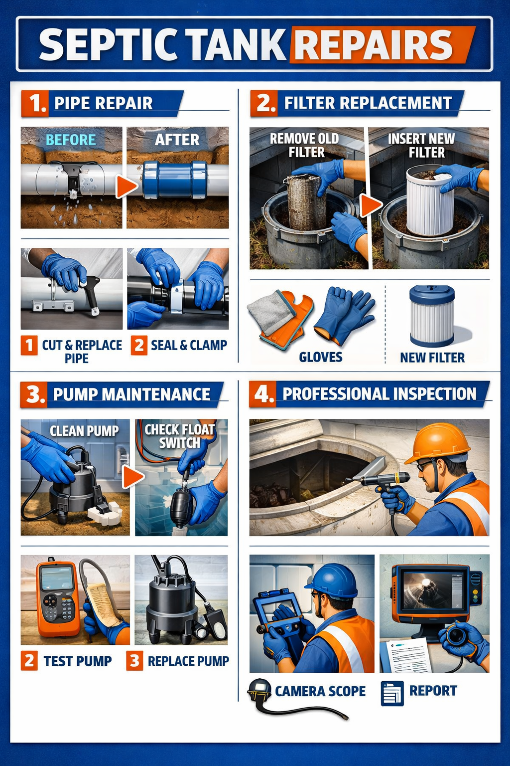 () step-by-step repair process visualization showing common septic tank fixes. Multiple panels displaying pipe repair