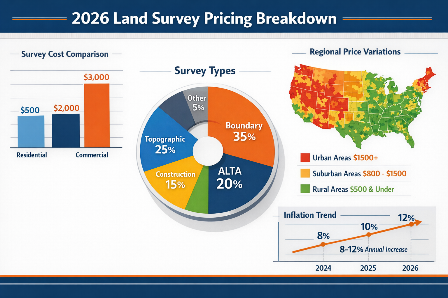 Detailed landscape format (1536x1024) infographic showing 2026 land survey pricing breakdown with multiple visual elements: central pie char