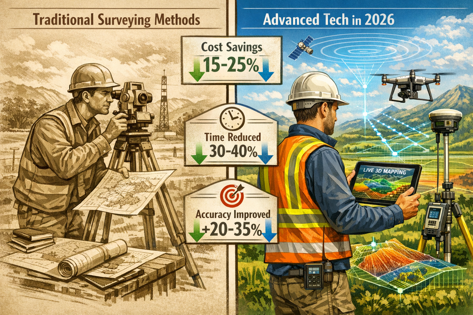 Landscape format (1536x1024) comparison visualization showing traditional surveying methods versus modern technology integration in 2026: sp