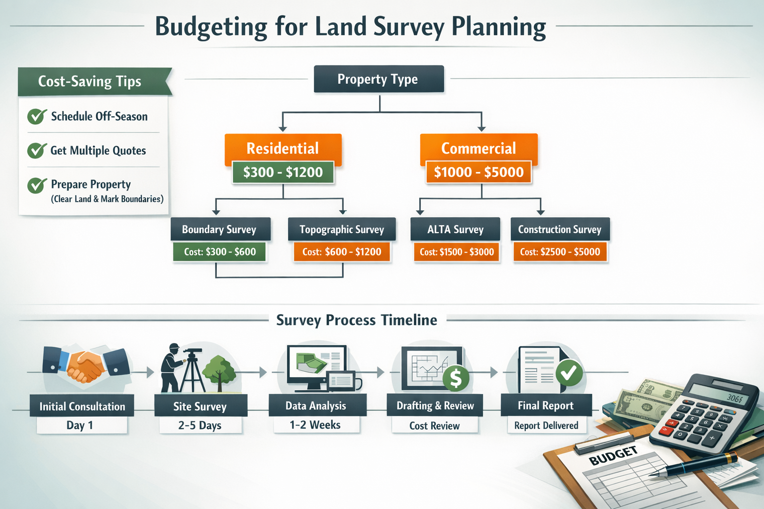 Detailed landscape format (1536x1024) budgeting strategy infographic for land survey planning featuring central decision tree flowchart with