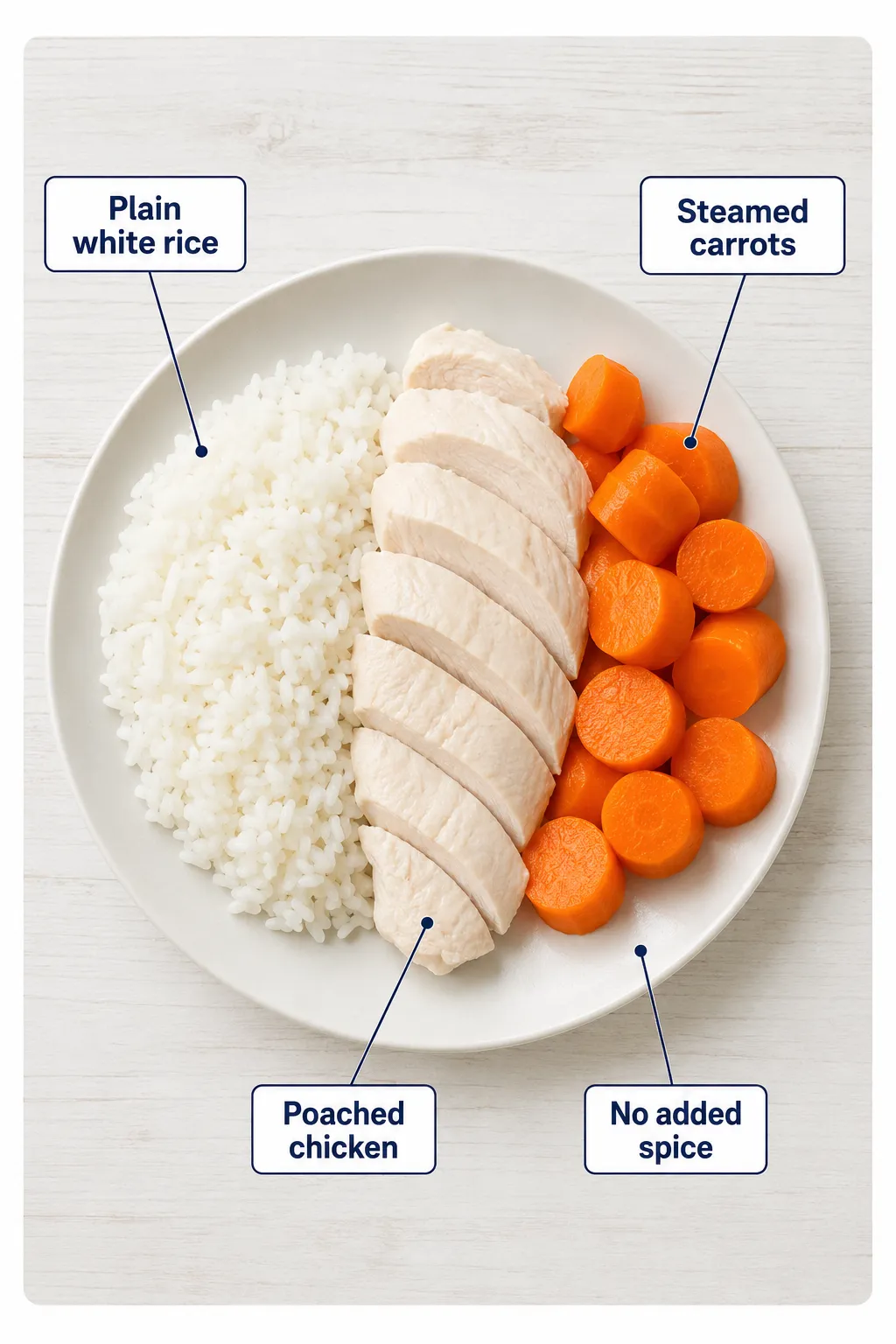 Bland diet lunch plate with rice, chicken and carrots