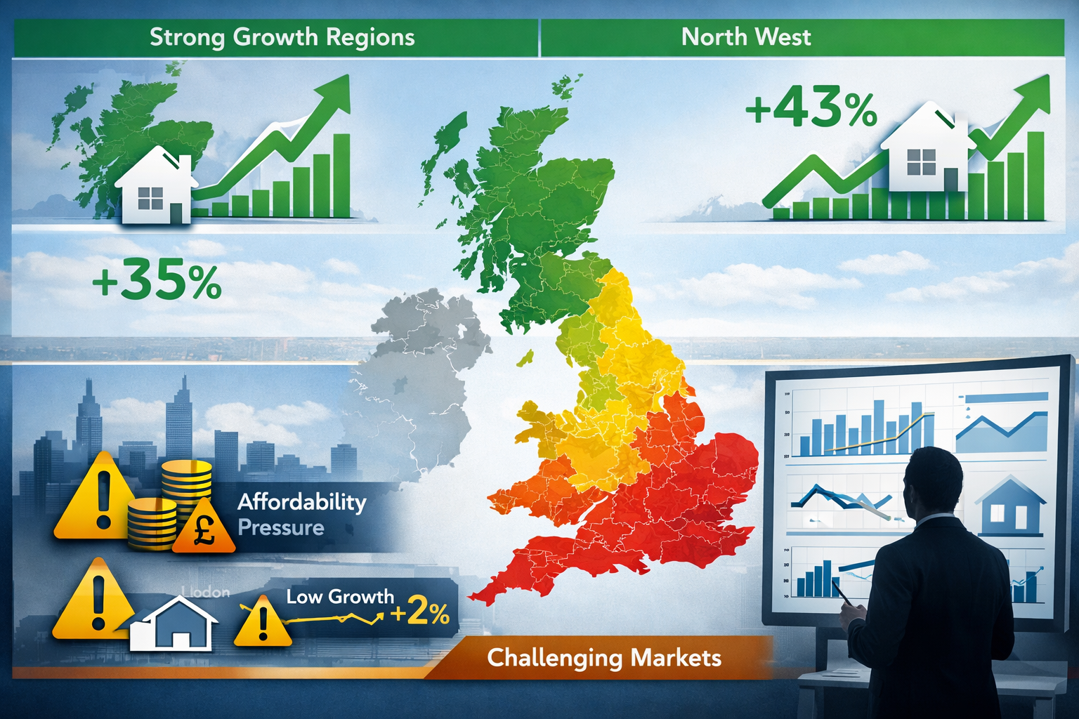 Landscape format (1536x1024) detailed visualization of regional UK housing market performance divergence. Split-screen composition showing c