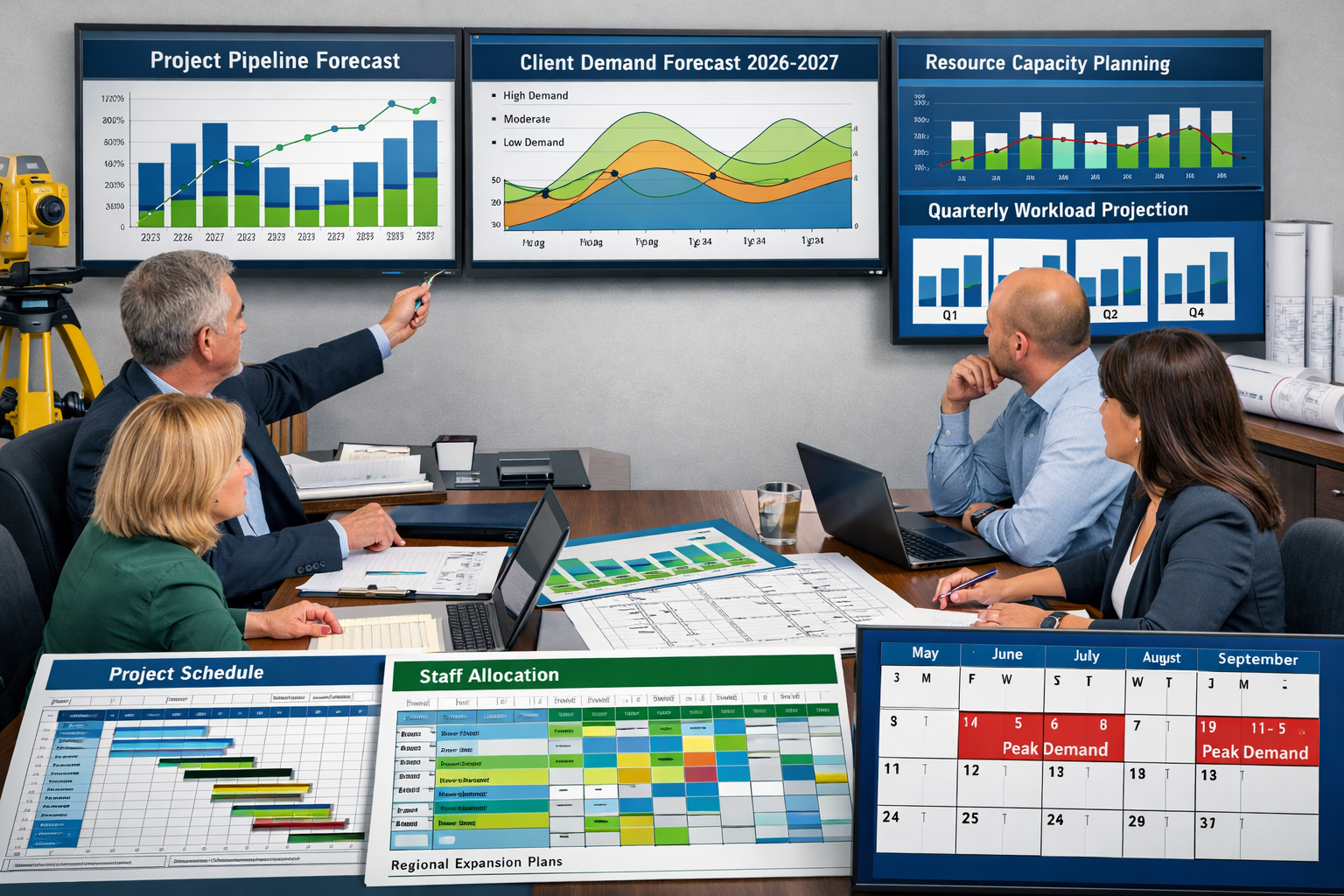 Landscape format (1536x1024) strategic business planning scene showing surveying firm resource allocation and demand forecasting. Visual fea