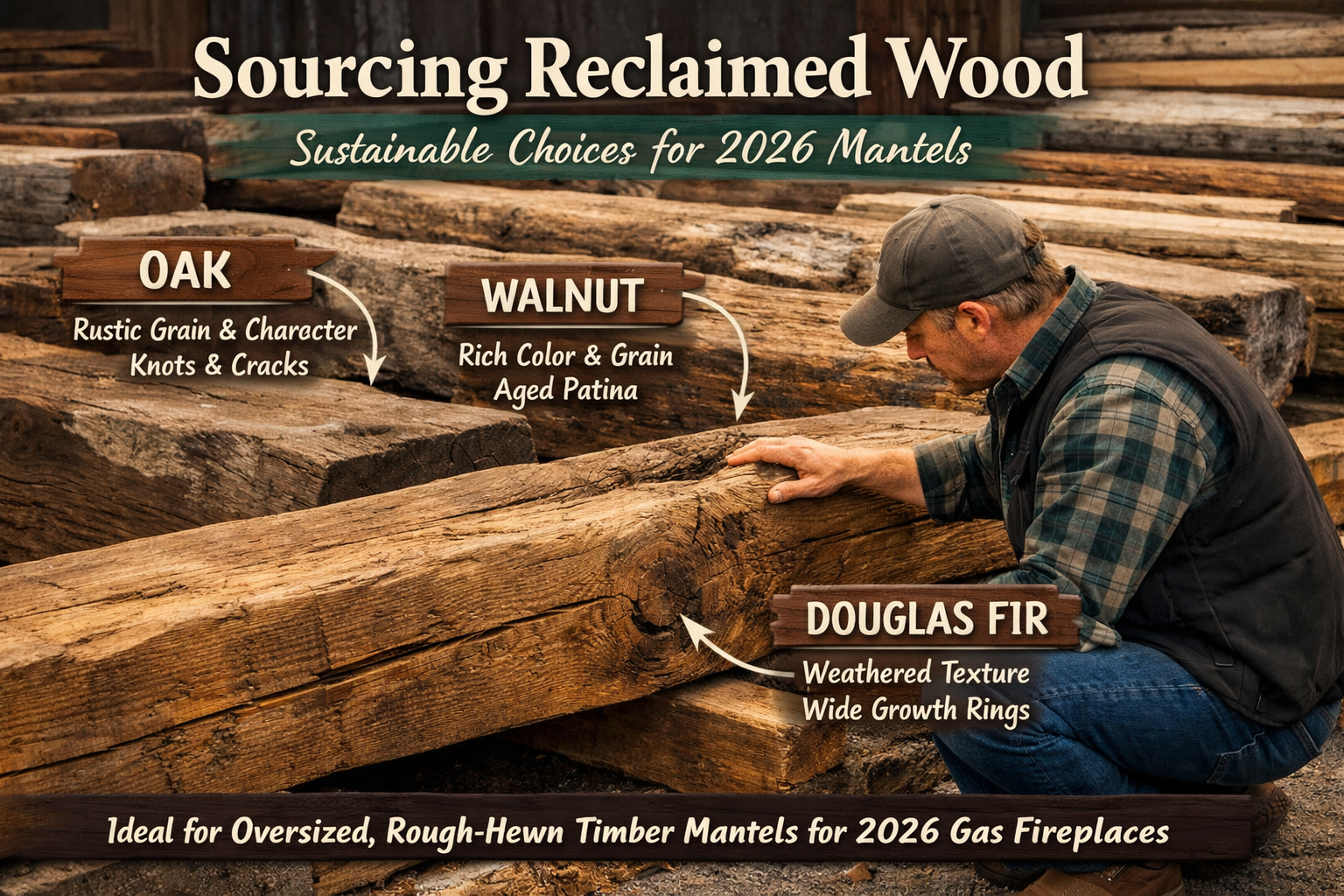 Landscape format (1536x1024) image depicting various raw, reclaimed timber logs and beams laid out in a lumberyard, with a worker inspecting