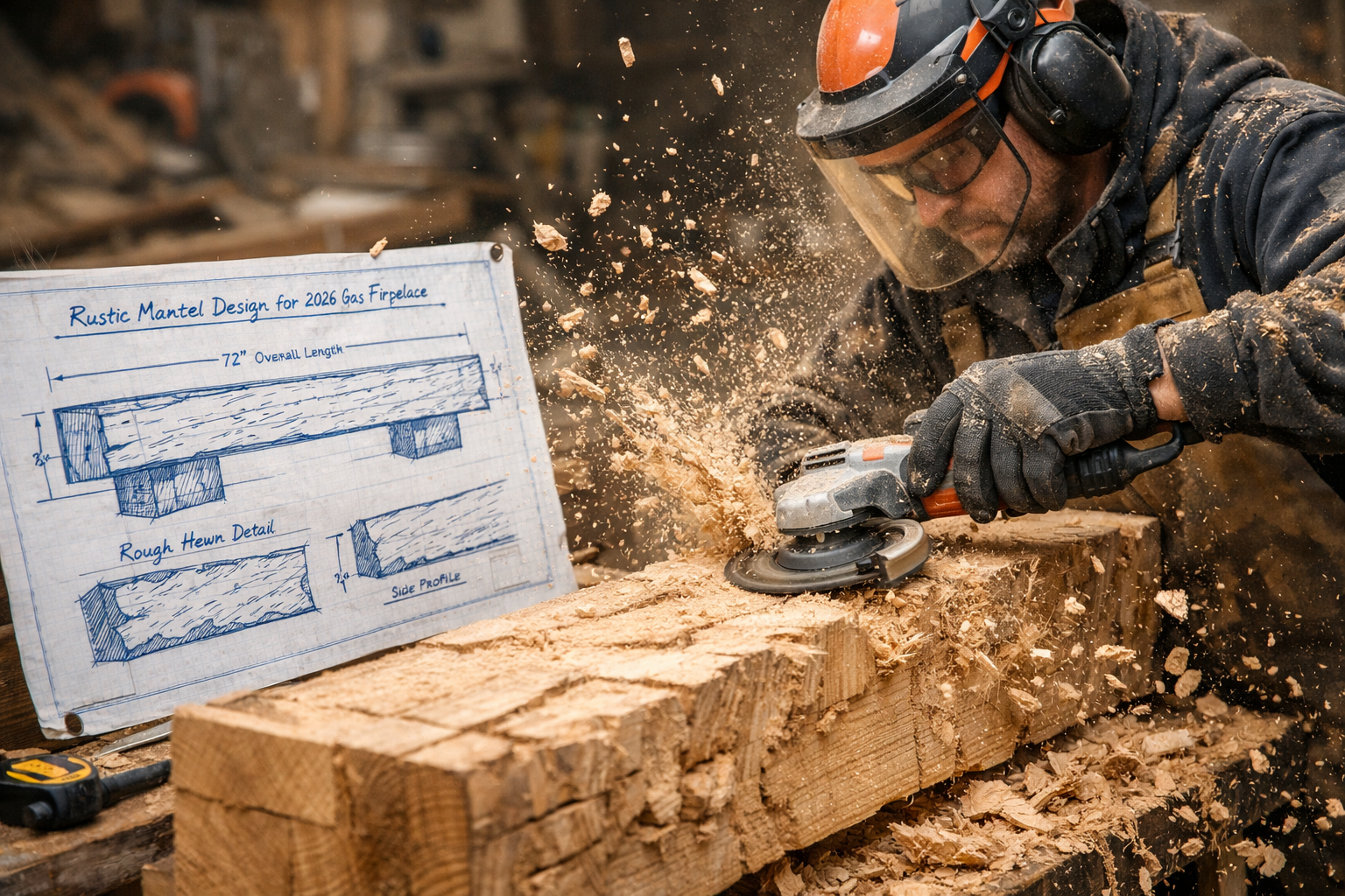 Landscape format (1536x1024) image showing a skilled craftsperson using power tools (e.g., a chainsaw, angle grinder with carving disc, or a