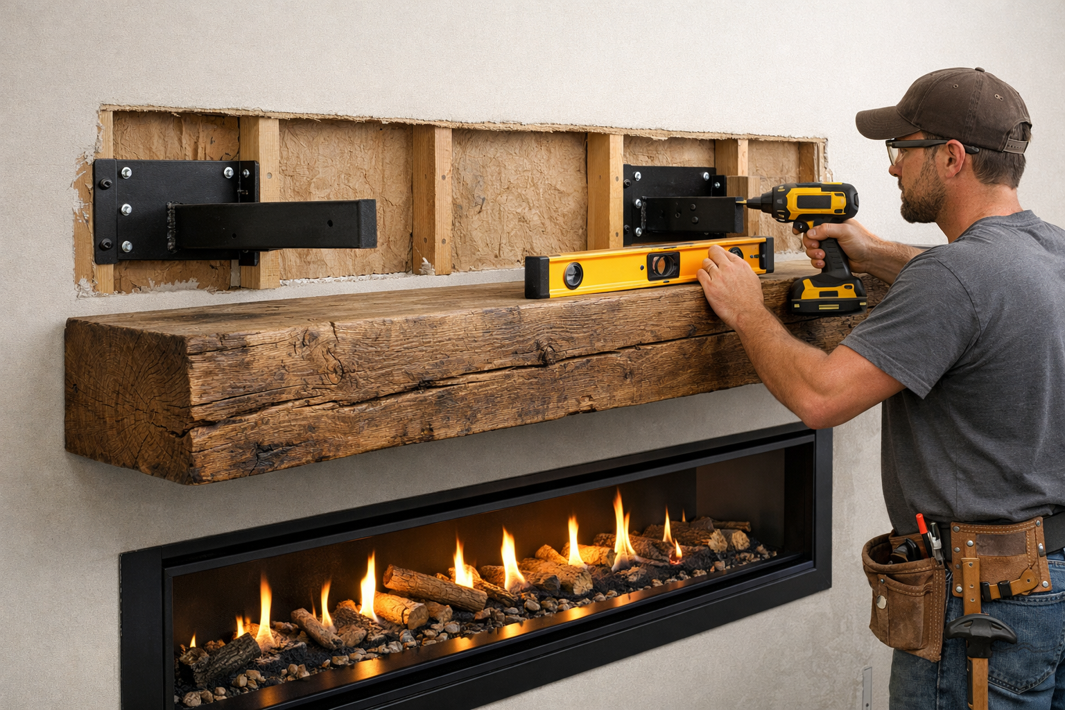 Landscape format (1536x1024) image illustrating the installation of an oversized rough-hewn timber mantel above a modern linear gas fireplac