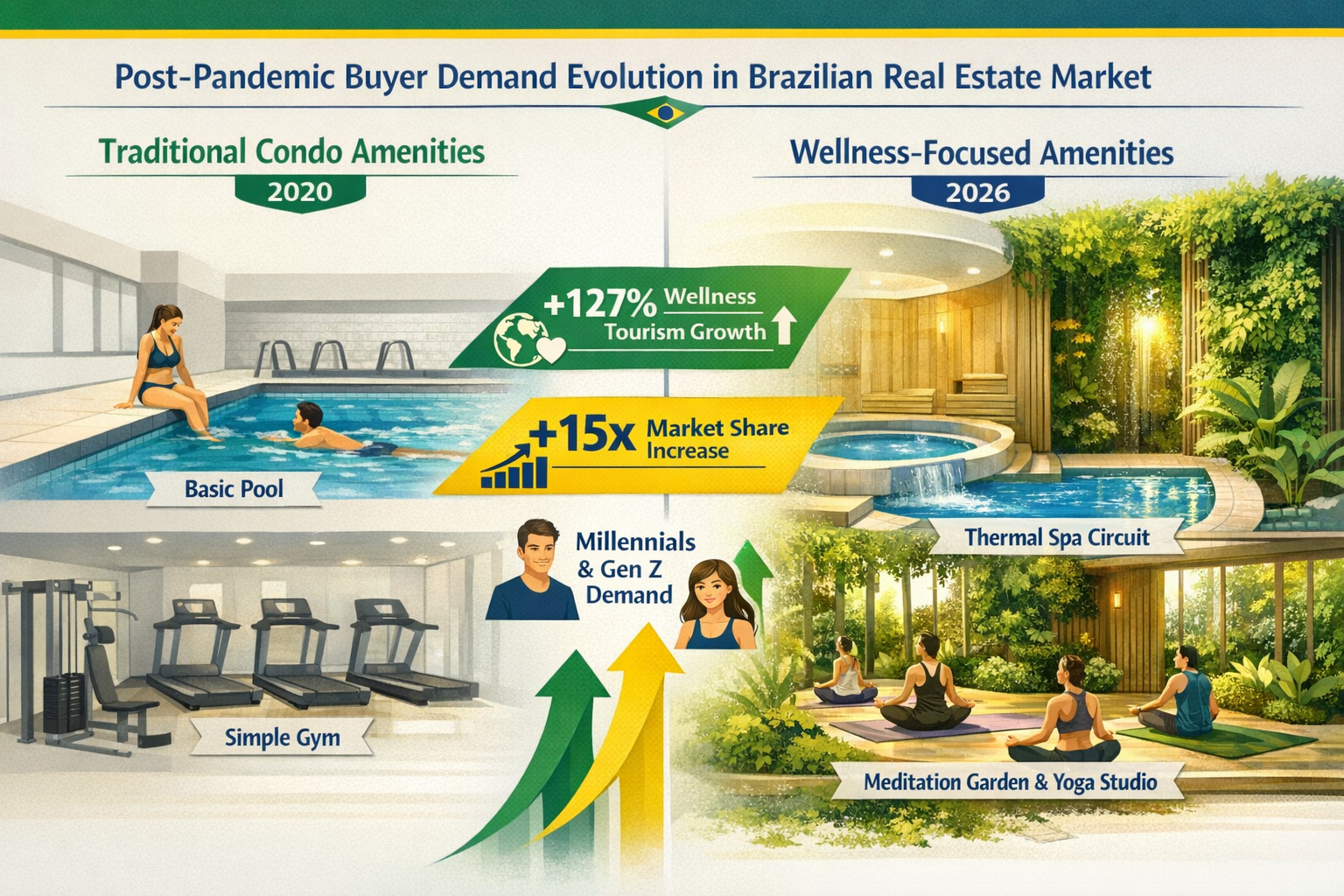 Landscape format (1536x1024) detailed infographic showing post-pandemic buyer demand evolution in Brazilian real estate market from 2020 to 