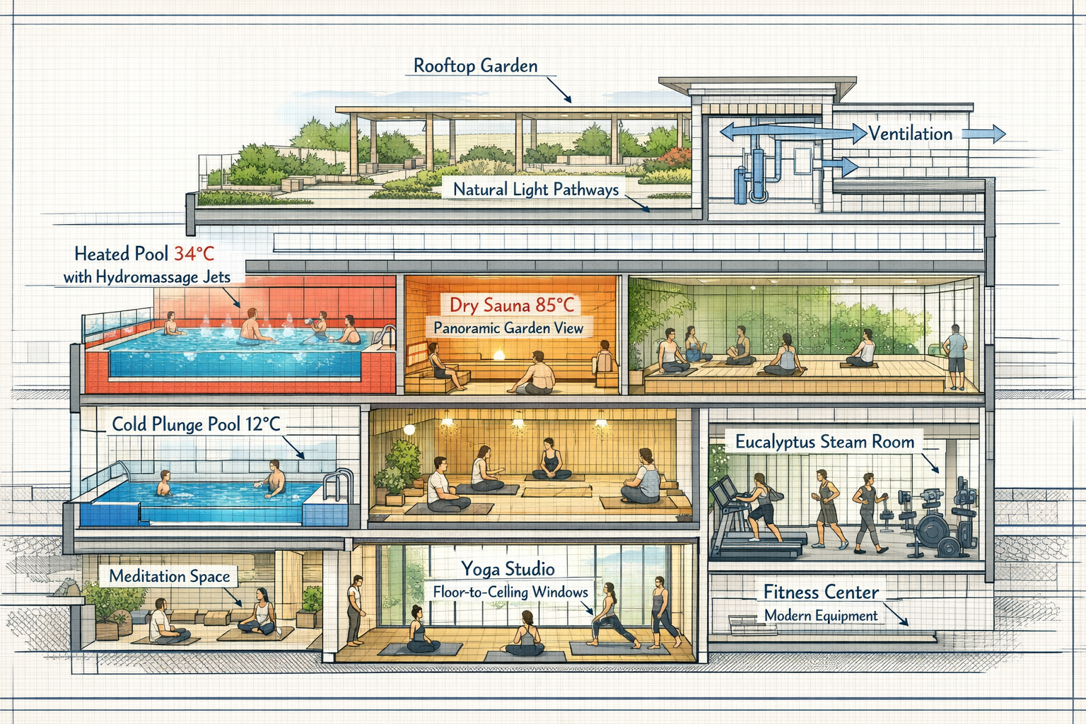Landscape format (1536x1024) architectural cutaway illustration of comprehensive wellness amenity package in luxury Brazilian condominium, d