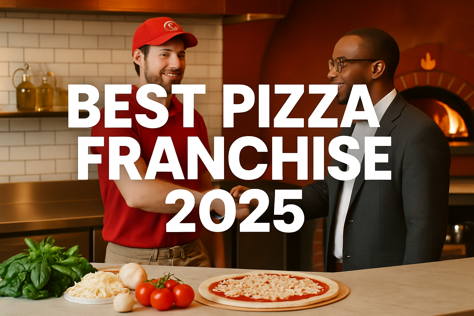 Professional landscape hero image (1536x1024) featuring bold text overlay 'Best Pizza Franchise 2025' in extra large 72pt white sans-serif f