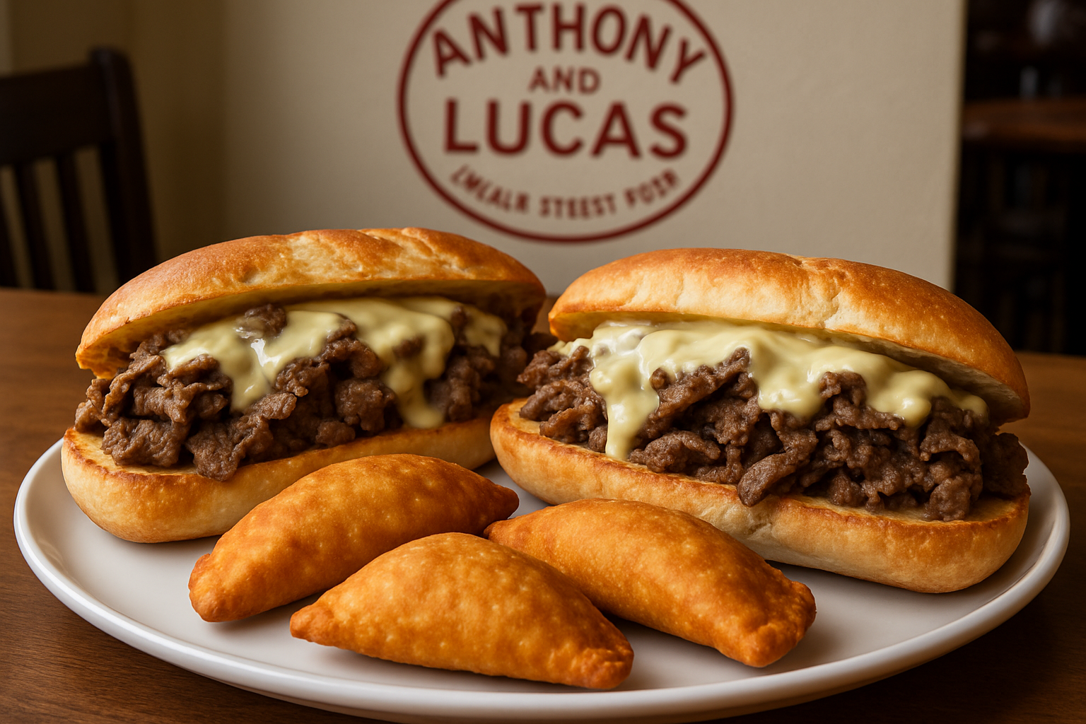 High-quality image of massive ribeye cheesesteaks on toasted Sarcone rolls from Philadelphia, showing tender meat portions, melted cheese, a