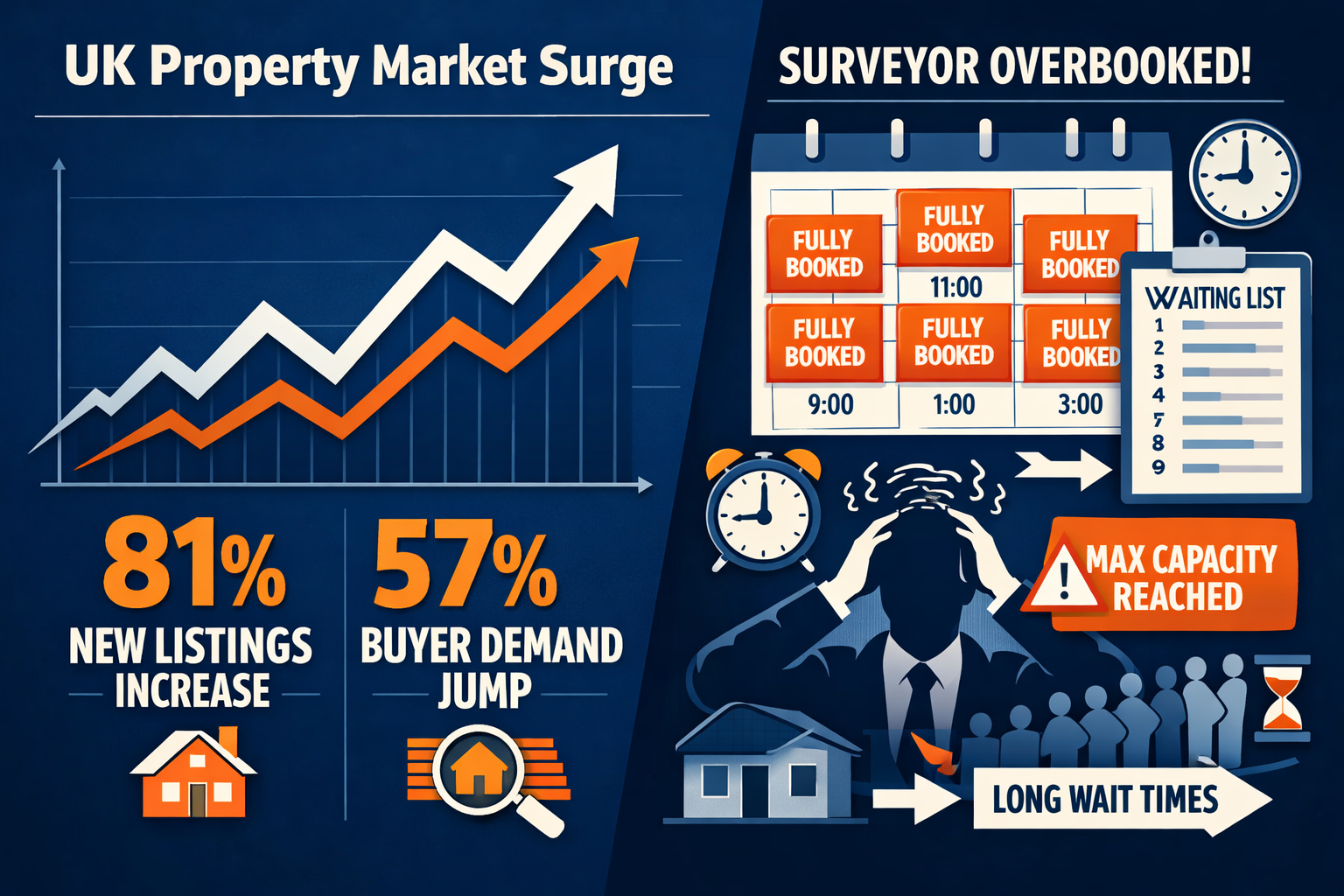 Landscape format (1536x1024) detailed infographic showing UK property market surge statistics with split-screen composition: left side displ