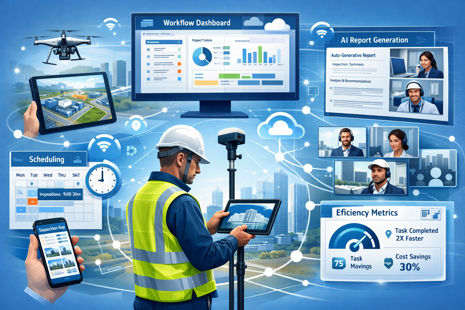 Landscape format (1536x1024) conceptual illustration depicting digital transformation in surveying operations: central image shows chartered