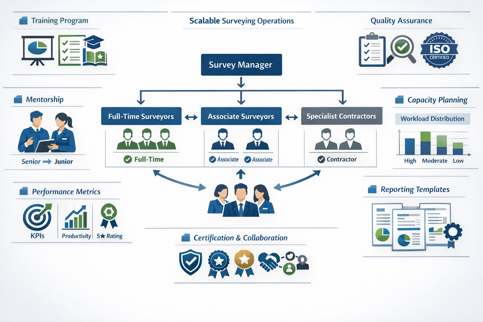 Landscape format (1536x1024) professional team management visualization showing scalable surveying operations: center displays organizationa