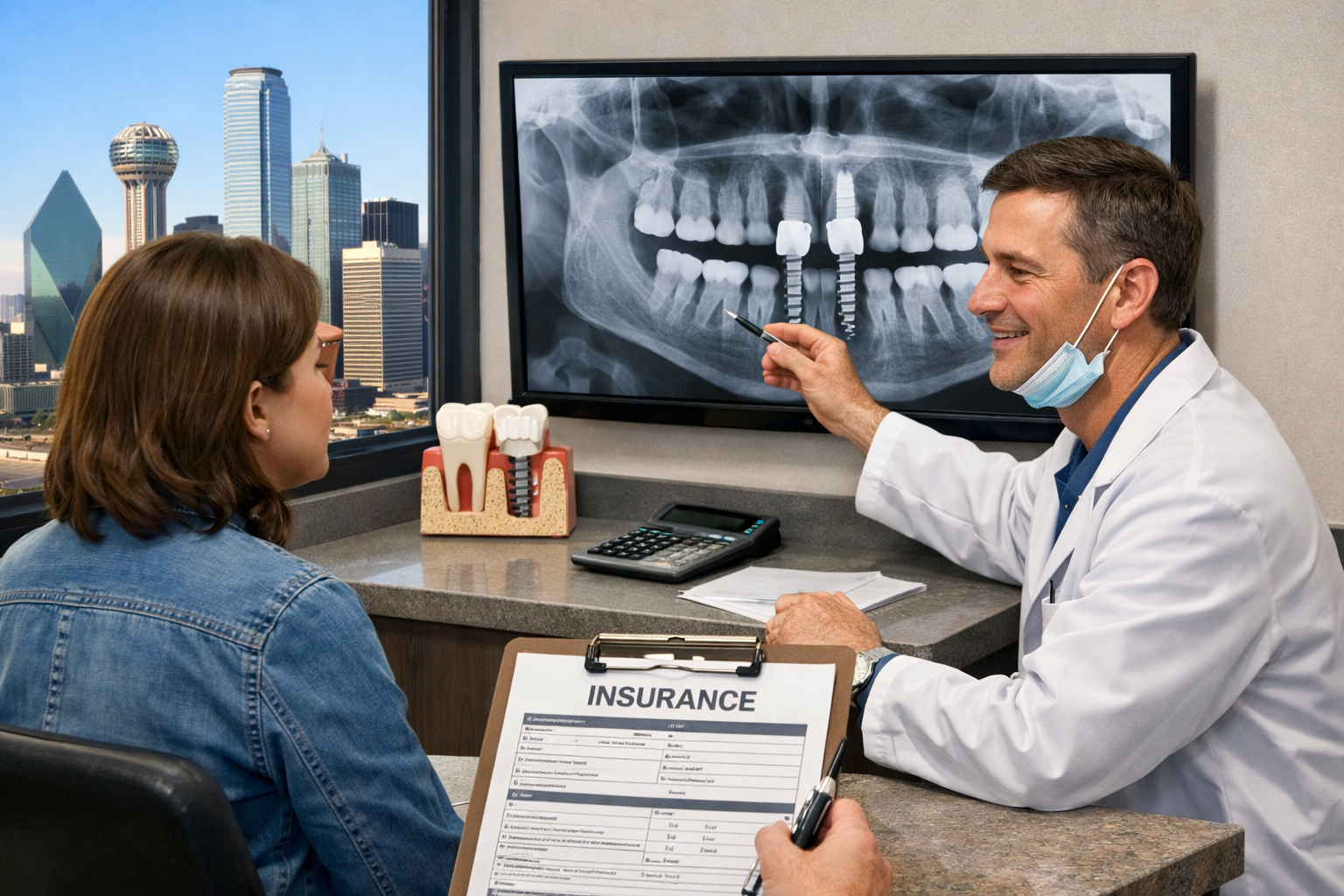 A detailed () image of a patient consulting with a dentist in a modern dental office in Dallas. The dentist is pointing to a