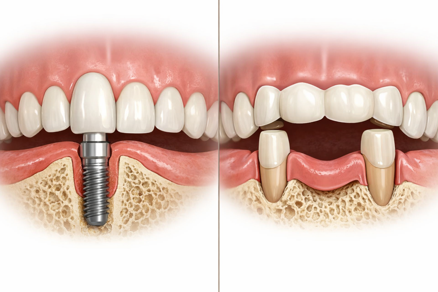 Landscape format (1536x1024) image illustrating a comparison between a dental implant and a traditional dental bridge for missing front teet