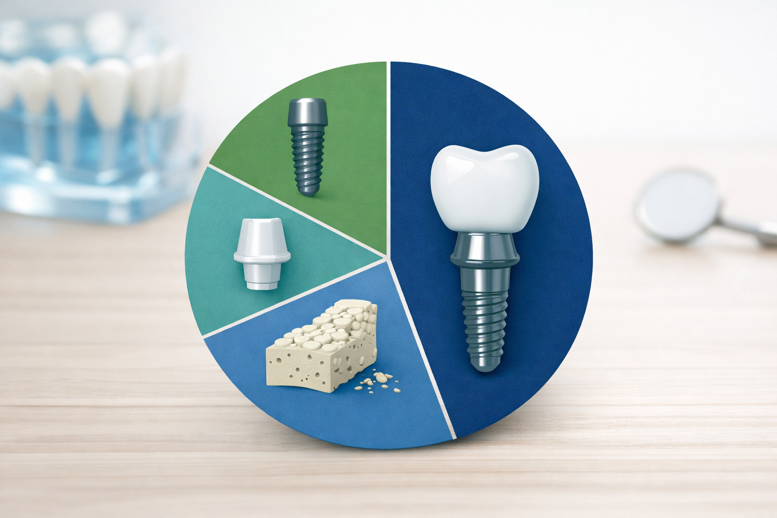 Landscape format (1536x1024) image presenting a cost breakdown infographic for a single dental implant for a front tooth in Dallas in 2026.