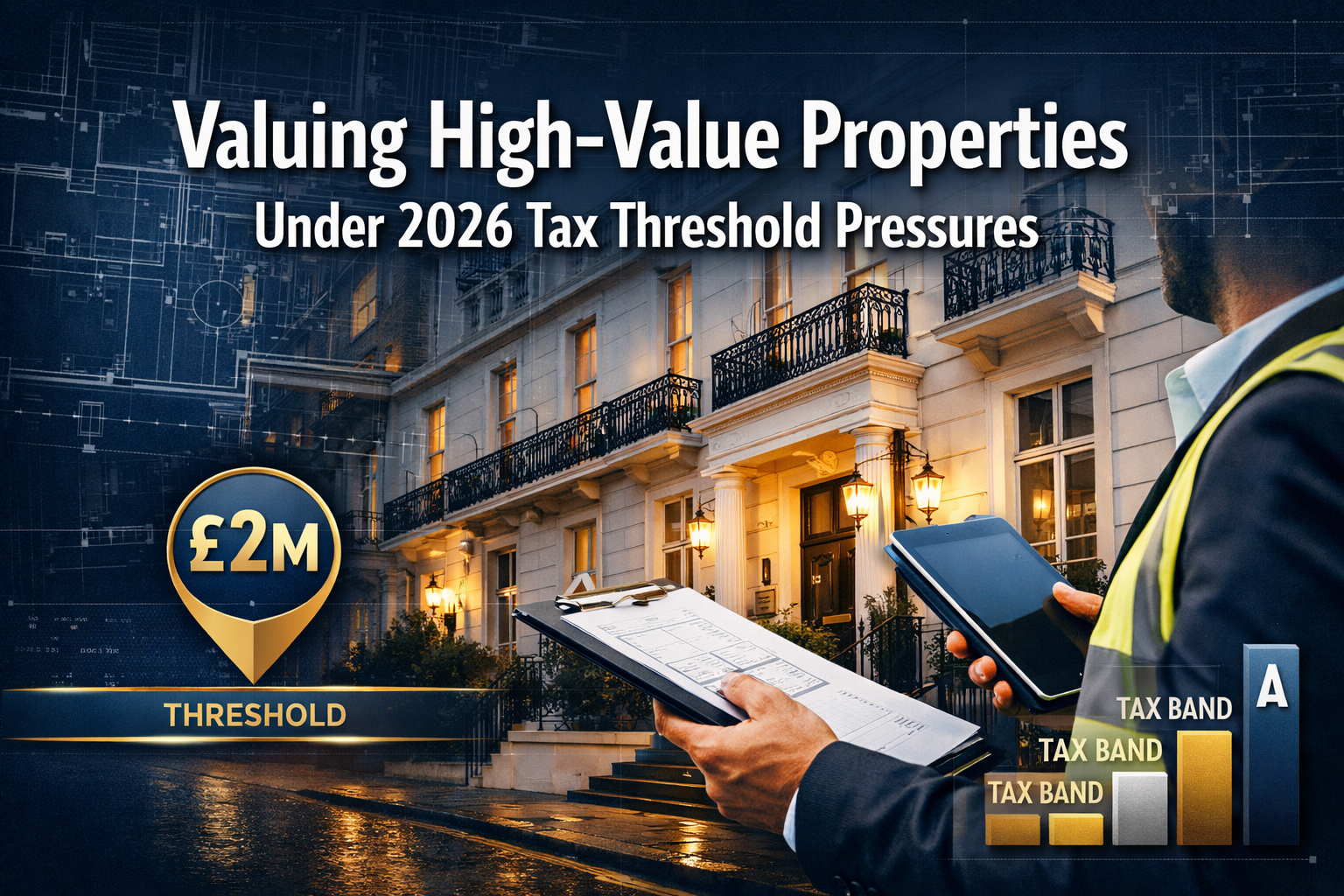 Professional () hero image featuring 'Valuing High-Value Properties Under 2026 Tax Threshold Pressures' in extra large white