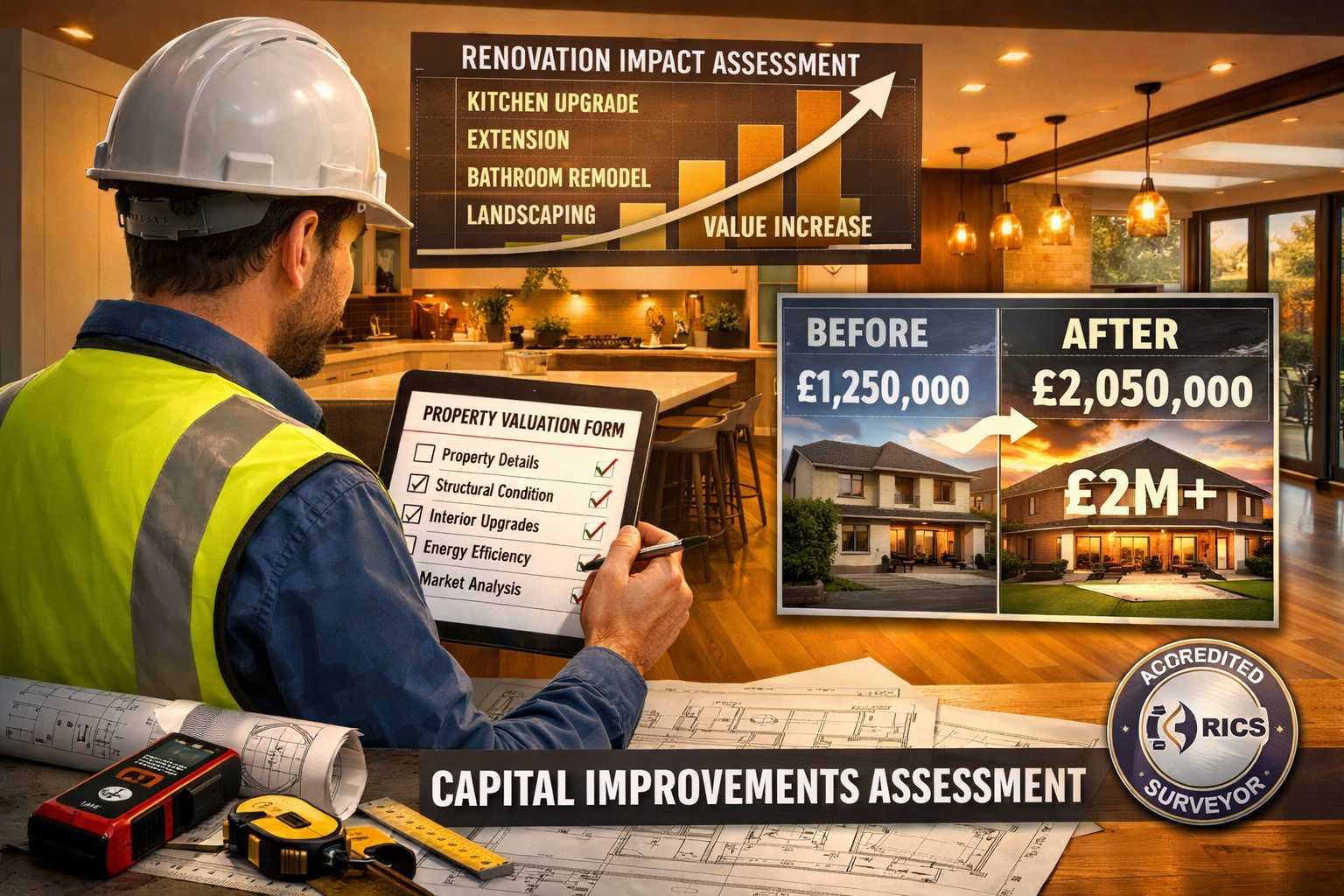 () detailed surveyor's checklist visual showing professional surveyor in hard hat examining luxury property interior with