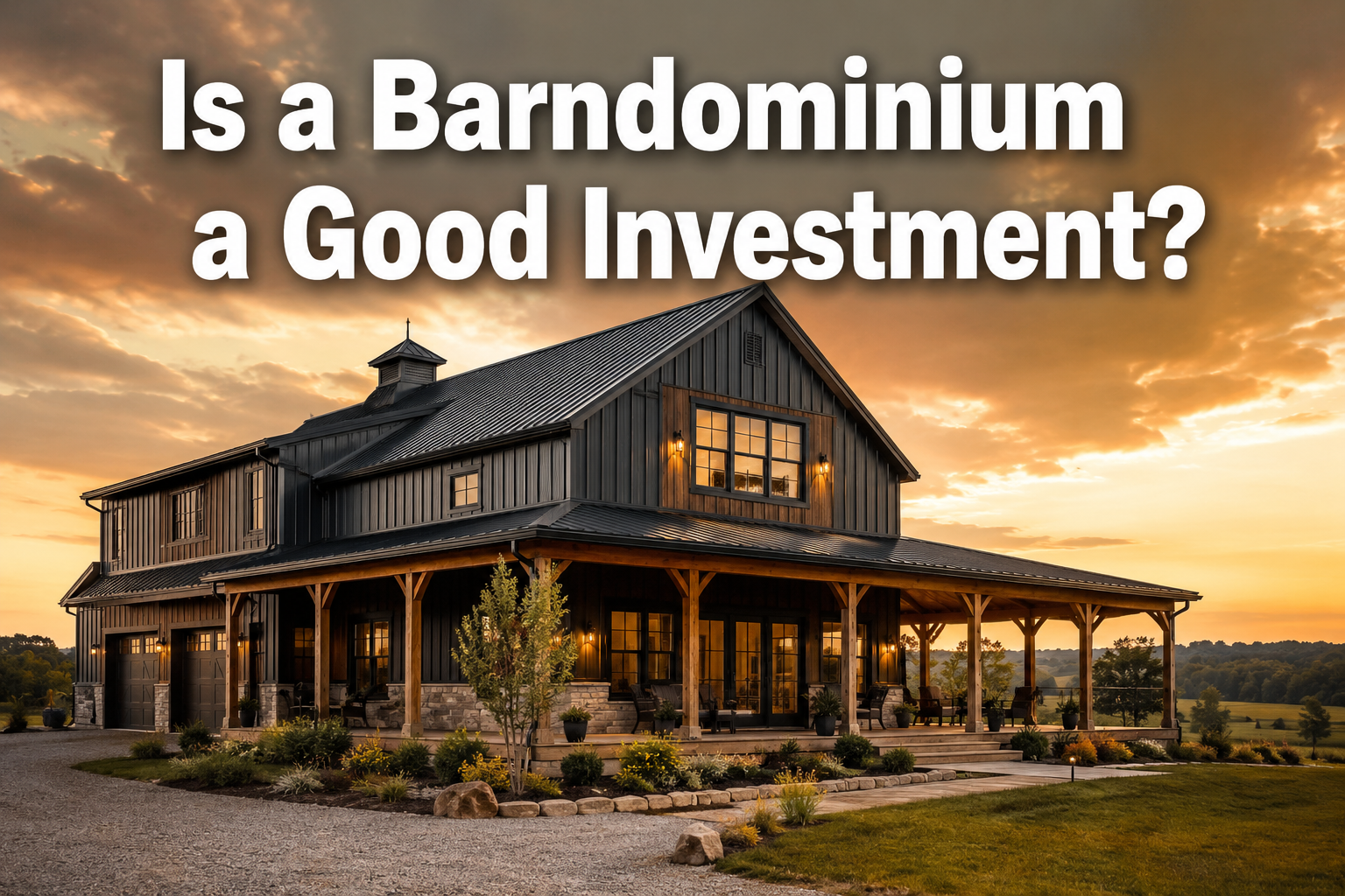Professional () hero image with : 'Is a Barndominium a Good Investment?' in extra large white with dark drop , centered in