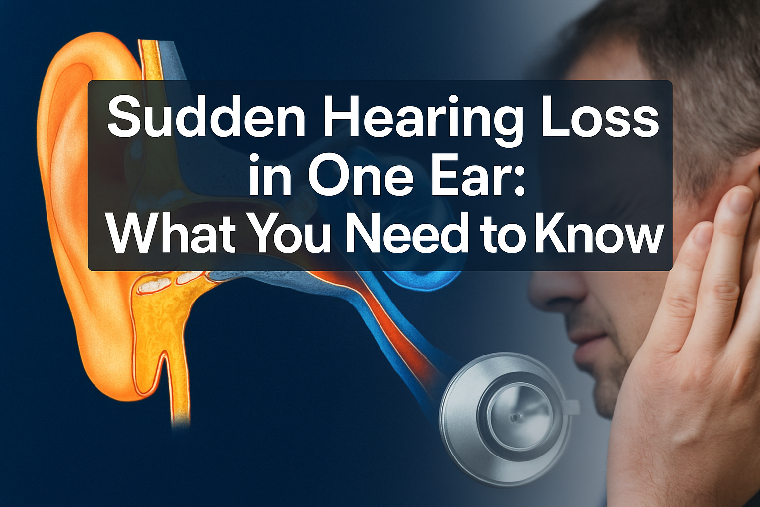 Professional landscape hero image (1536x1024) featuring bold text overlay 'Sudden Hearing Loss in One Ear: What You Need to Know' in extra l