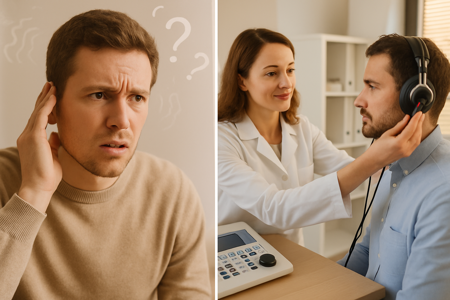 Split-screen comparison image showing two scenarios: left side depicts person experiencing sudden hearing loss symptoms - holding hand to ea