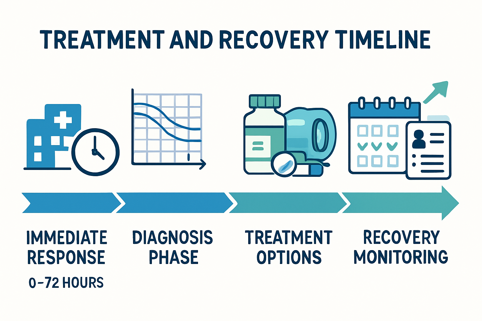 Treatment and recovery timeline infographic displayed as horizontal flowchart with four stages: immediate response (0-72 hours) showing emer