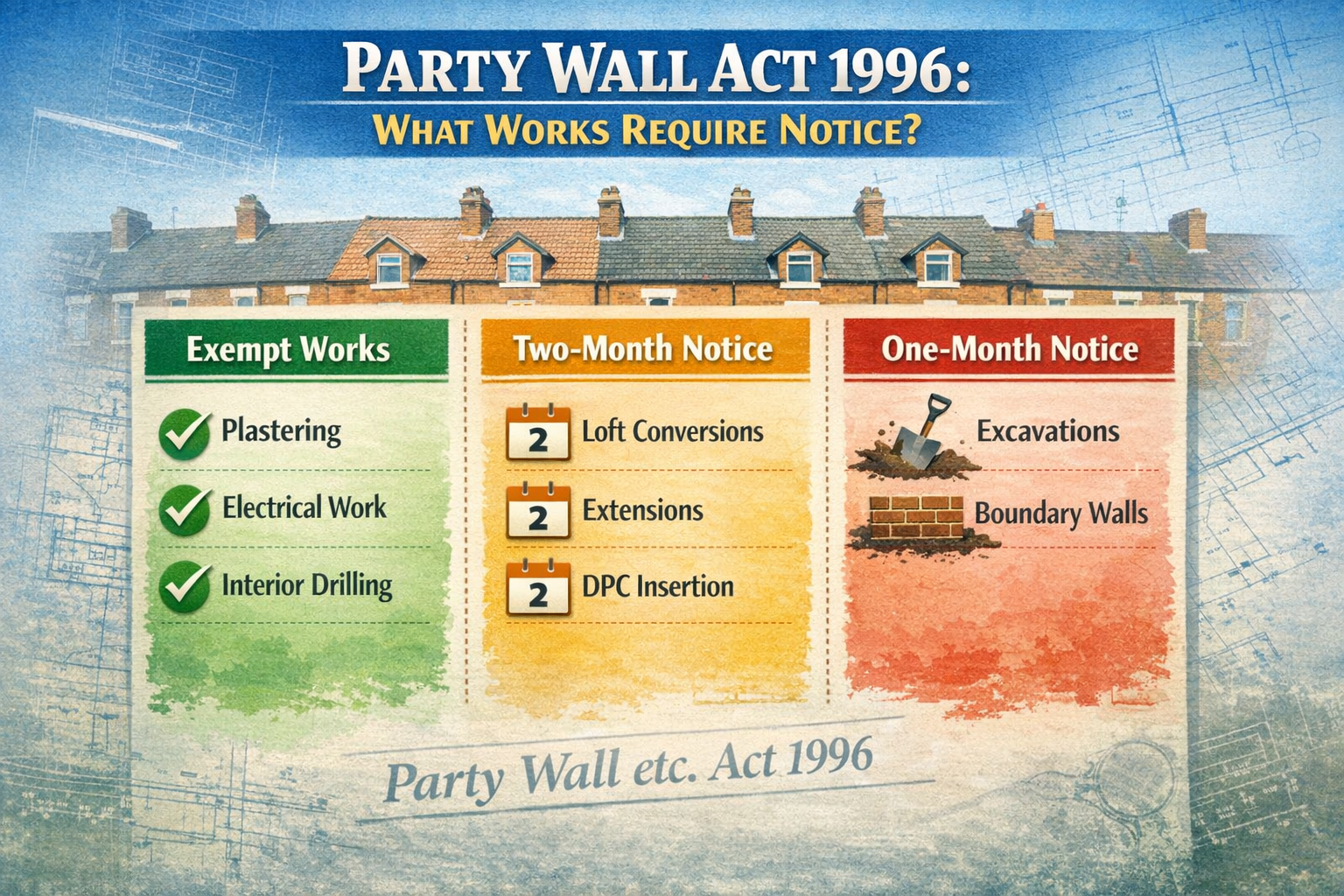 Detailed landscape format (1536x1024) infographic showing three-column comparison chart titled 'Party Wall Act 1996: What Works Require Noti