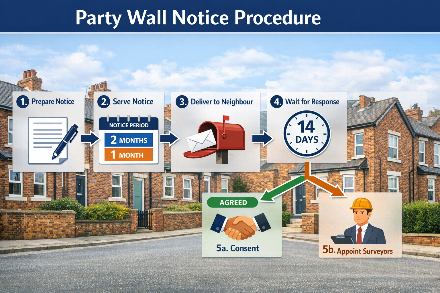Detailed landscape format (1536x1024) step-by-step process flowchart showing Party Wall Notice serving procedure. Visual timeline from left