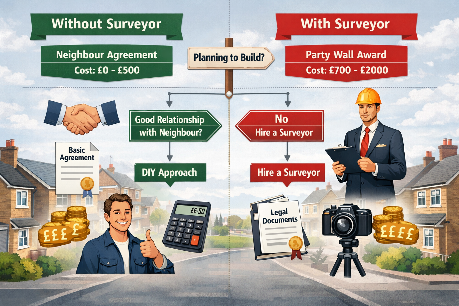Detailed landscape format (1536x1024) cost-saving strategy visualization showing split-screen comparison. Left side titled 'Without Surveyor