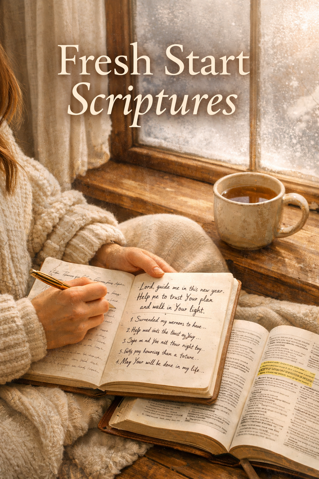 Portrait Pinterest format (1024x1536) editorial image of a person sitting by a cozy window on a winter morning journaling with an open Bible