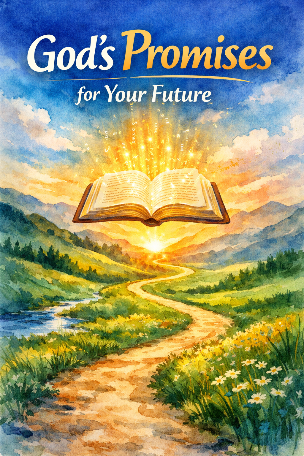 Portrait Pinterest format (1024x1536) artistic illustration of a winding path through a lush green valley leading toward bright golden light